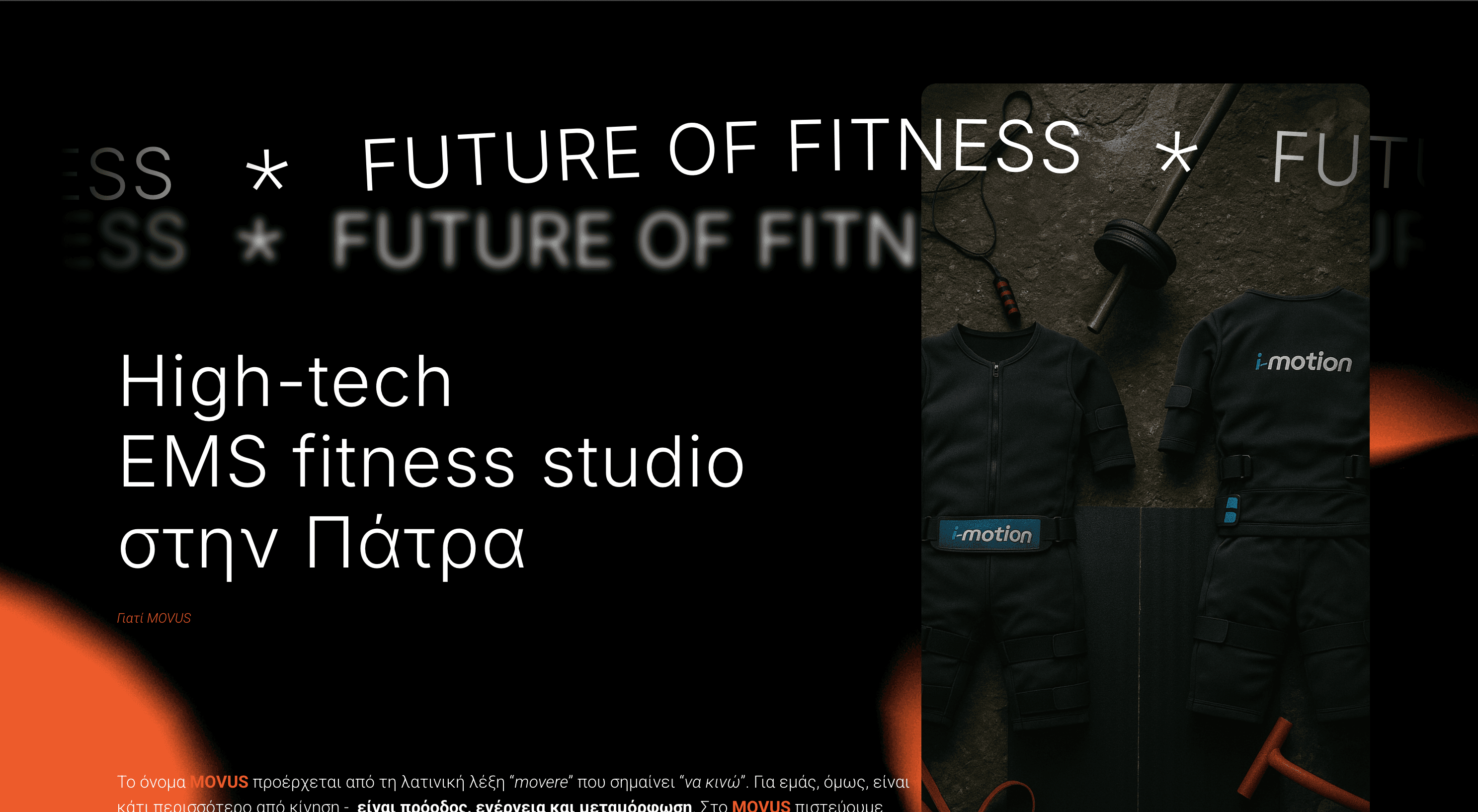 MOVUS hero — Future of Fitness marquee with EMS equipment